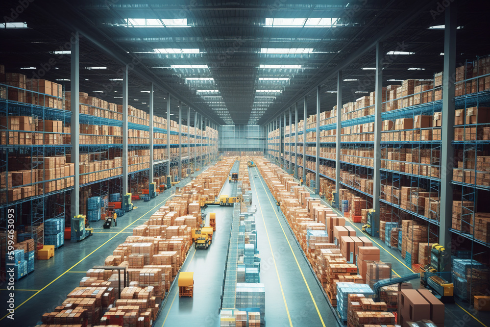 Rows of shelves with goods boxes in modern industry warehouse store at factory warehouse storage