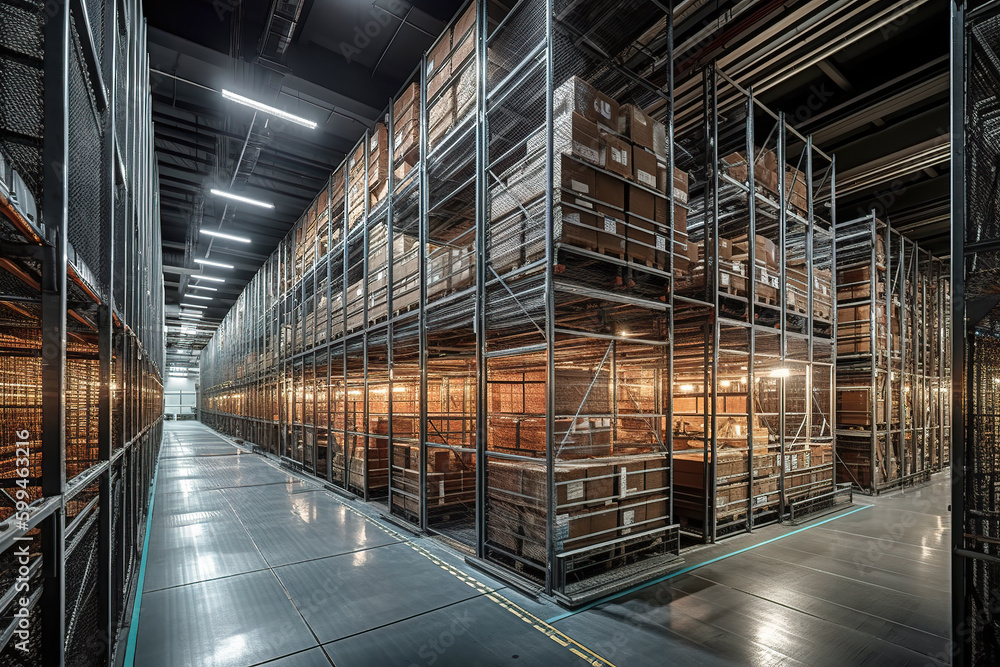 Rows of shelves with goods boxes in modern industry warehouse store at factory warehouse storage