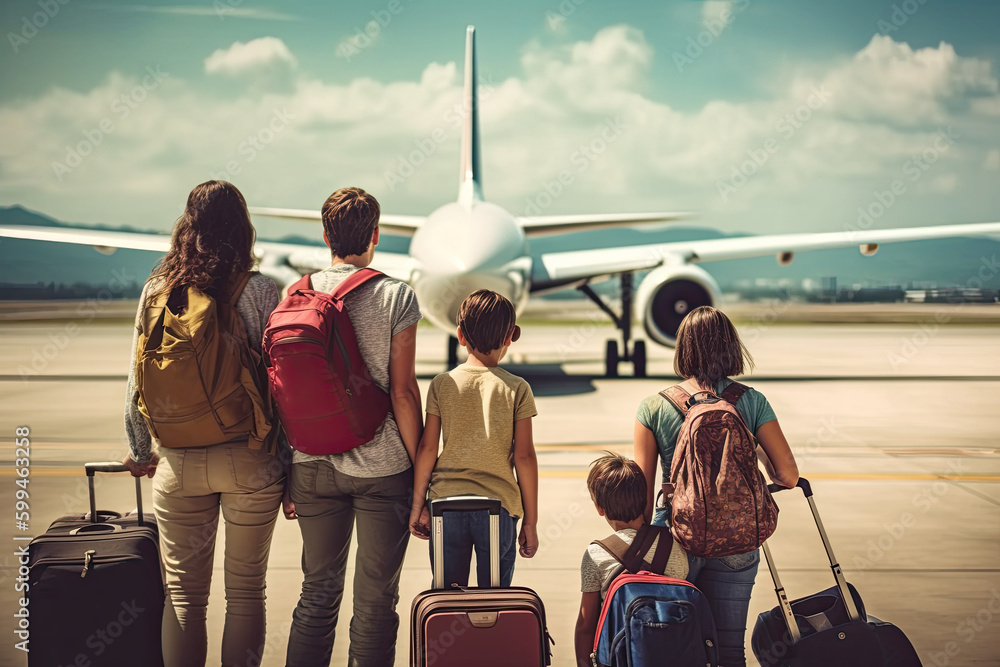 The family carrying backpacks are waiting for boarding at the airport. Passengers carrying hand lugg