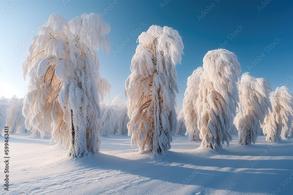 Beautiful winter landscape with snow-covered trees. Blue sky and textured snow. Winter tale