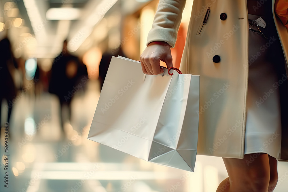 The blurred background of the shopping mall and a white shopping bag wearing a trench coat girl