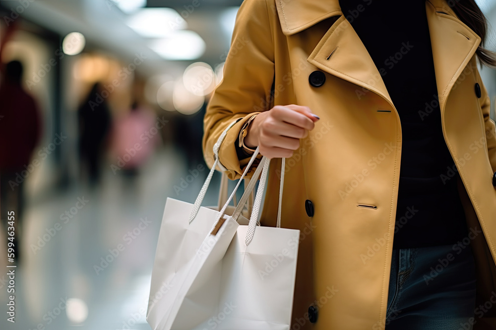 The blurred background of the shopping mall and a white shopping bag wearing a trench coat girl