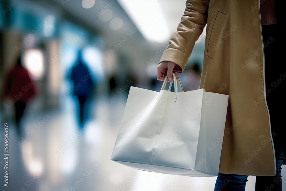 The blurred background of the shopping mall and a white shopping bag wearing a trench coat girl