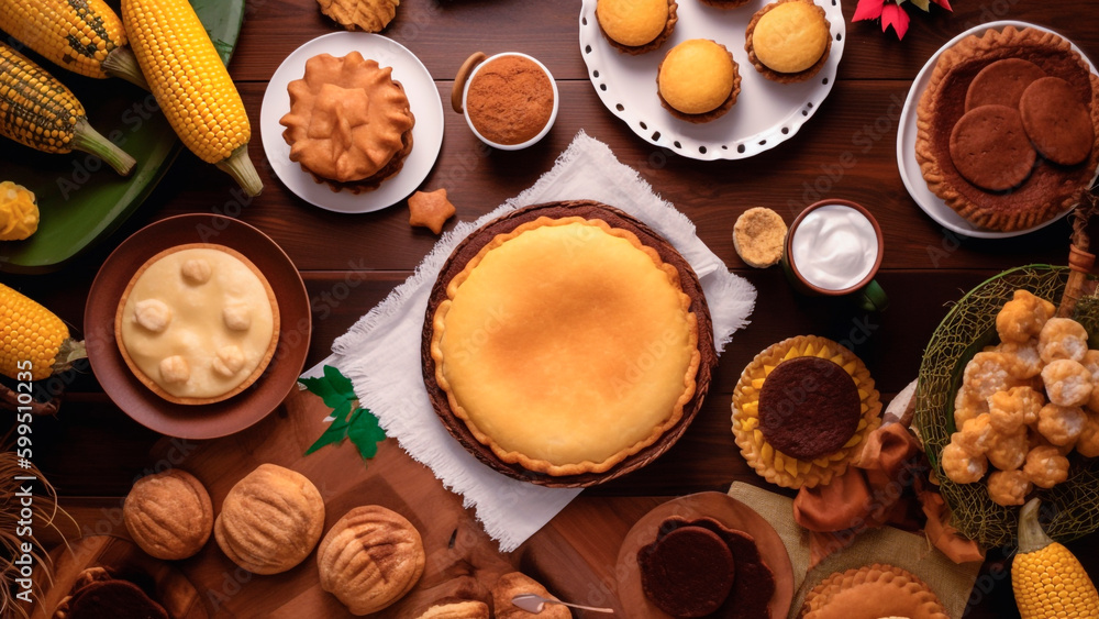 Top view of Brazilian food on the wooden table. Traditional food of Brazil. Celebration Festa Junina