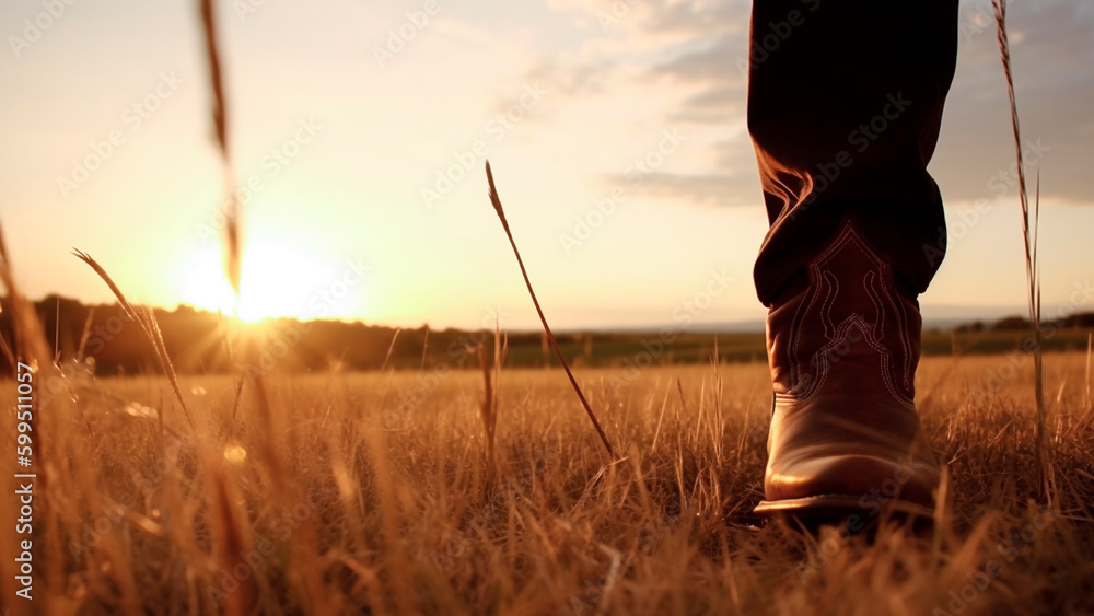 A mans leather cowboy boot are standing in a field with the sunset. Generative AI.