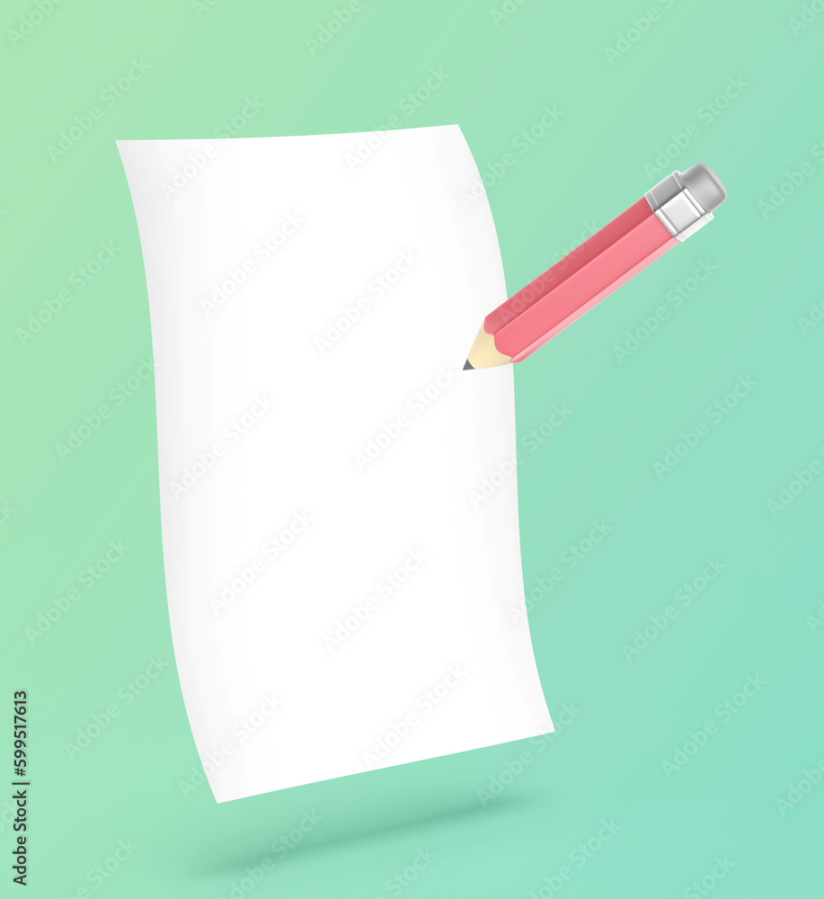 Cartoon style pencil with empty paper sheet on green background