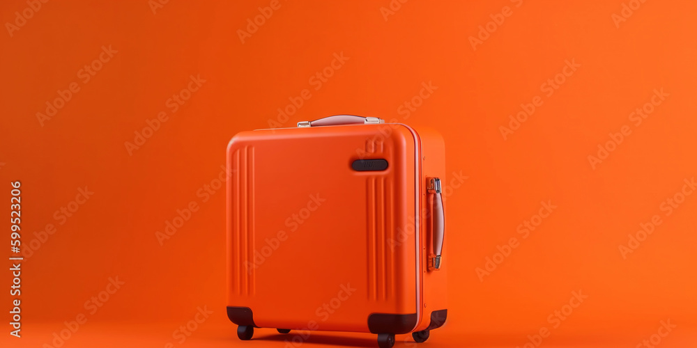 Orange travel suitcase, on orange background. Trip concept. Generative AI