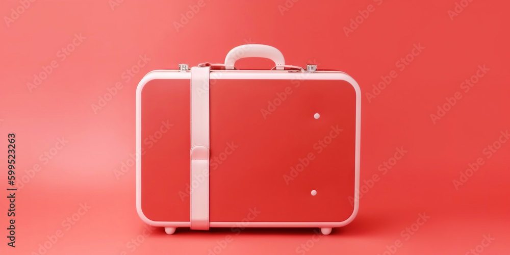 Red travel suitcase, on red background. Trip concept. Generative AI