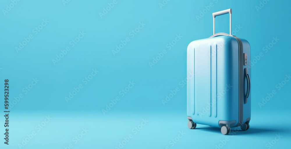 Blue travel suitcase with wheels, on blue background. Trip concept. Generative AI