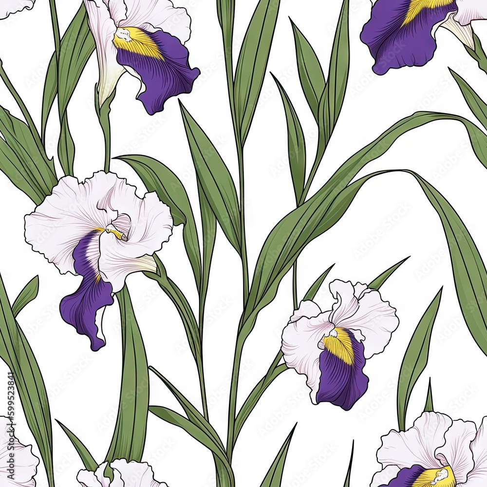 Iris flower seamless pattern. Floral seamless background. Generative AI