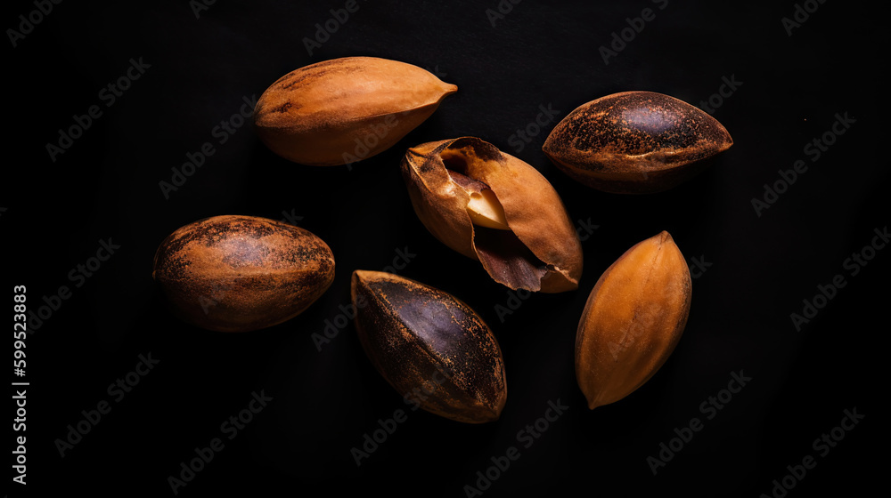 Group of raw peeled almonds on dark background. Generative AI