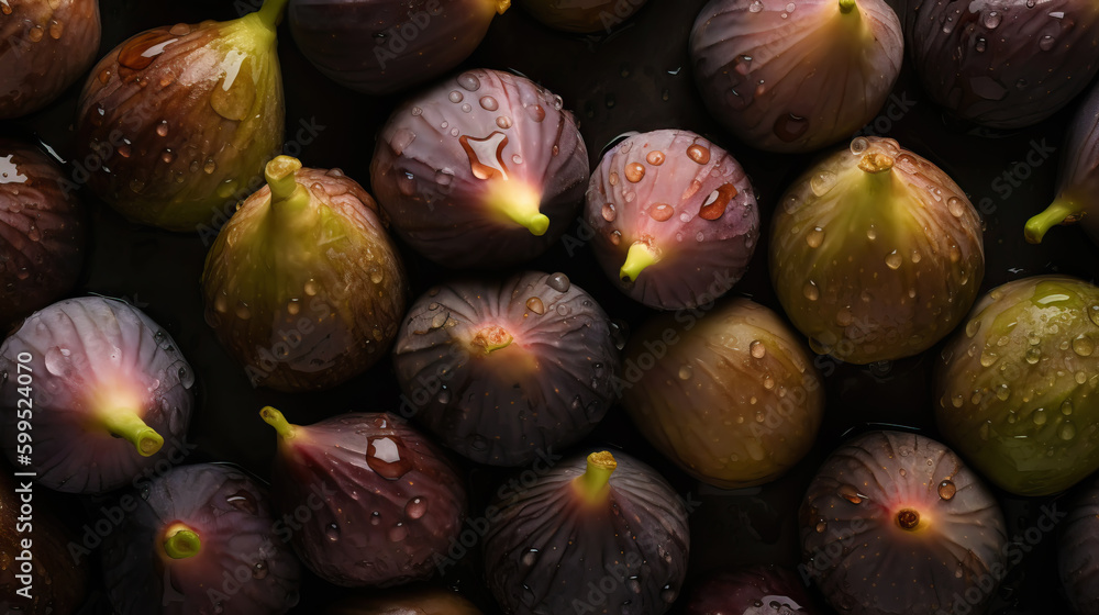 Fresh ripe figs with water drops background. Fruits backdrop. Generative AI