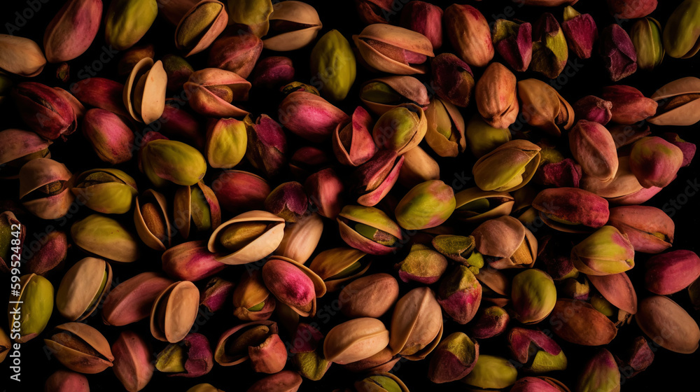 Pistachio background. Nuts. Green fresh inshell pistachios. Generative AI