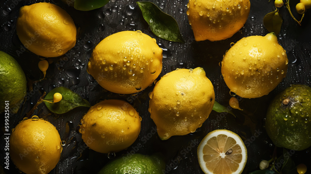 Fresh ripe lemons with water drops background. Fruits backdrop. Generative AI