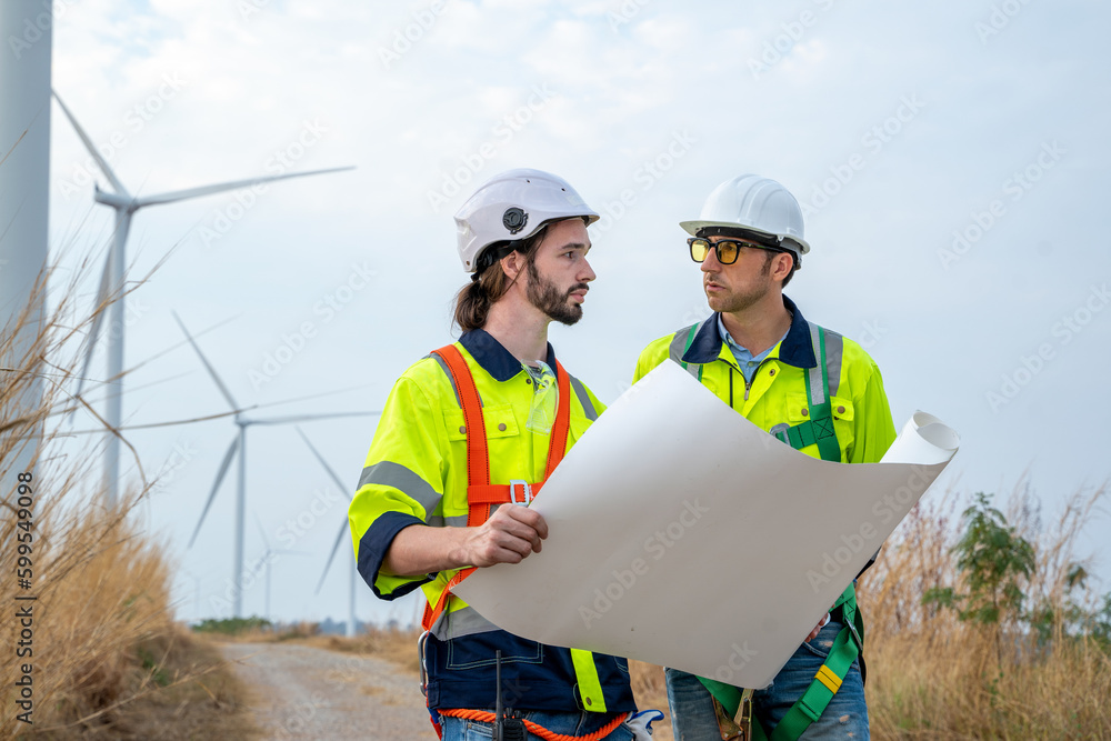 Engineer checking control electric power at windmill farm,Generating electricity clean energy.