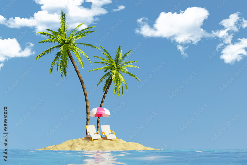 Palms tree 3d collage of desert sand beach sunbed with sunbathing parasol abroad lost island in ocea