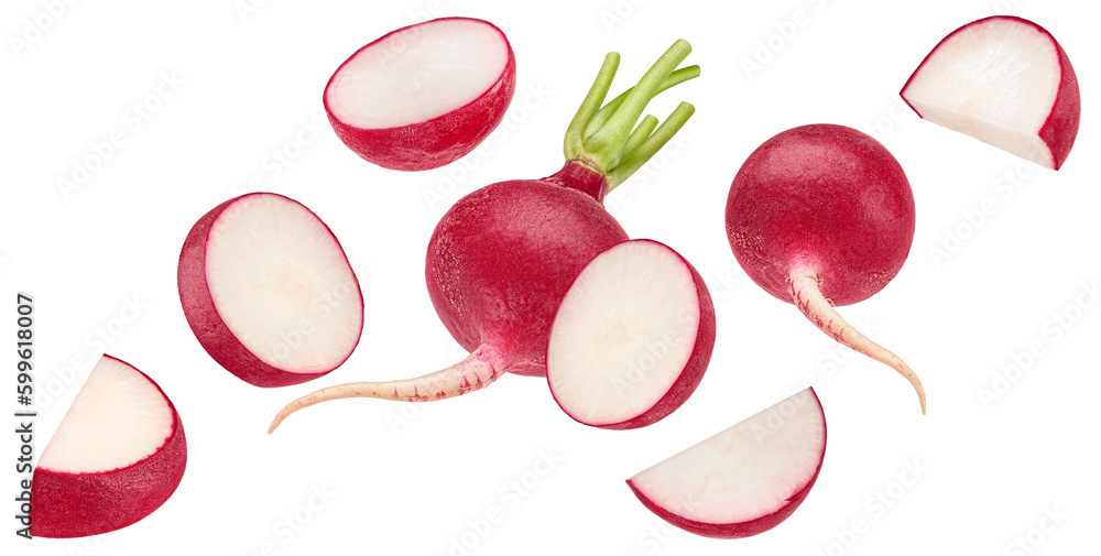 Falling radish isolated on white background