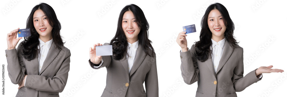 Young Asian businesswoman showing blank credit card in formal suit, Isolate die cut on transparent b