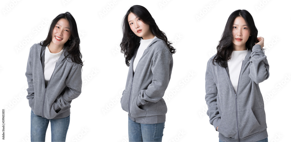 Portrait beautiful Asian woman in hoodie sweatshirt and blue jeans Isolate die cut on transparent ba