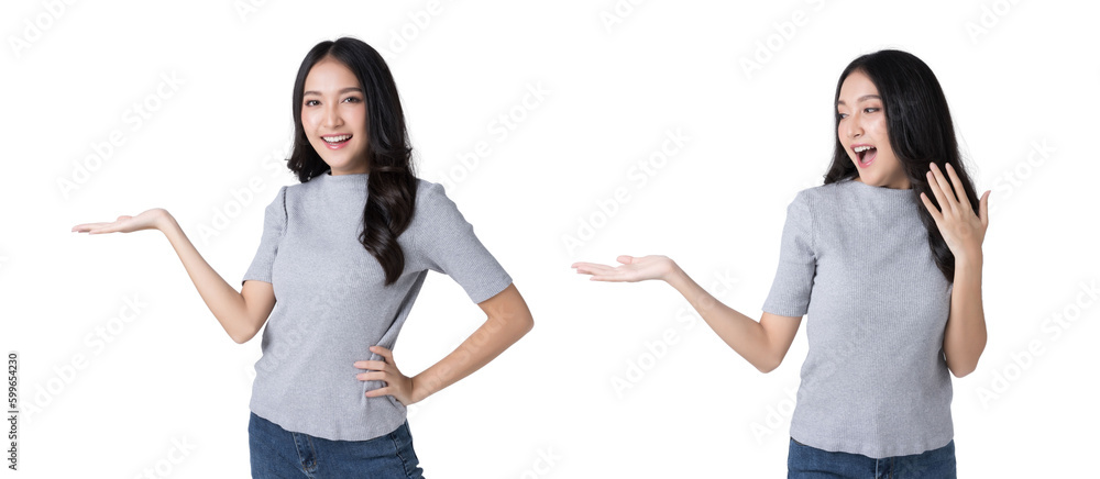 Young Asian woman opeing hand to empty space and looking hand Isolate die cut on transparent backgro