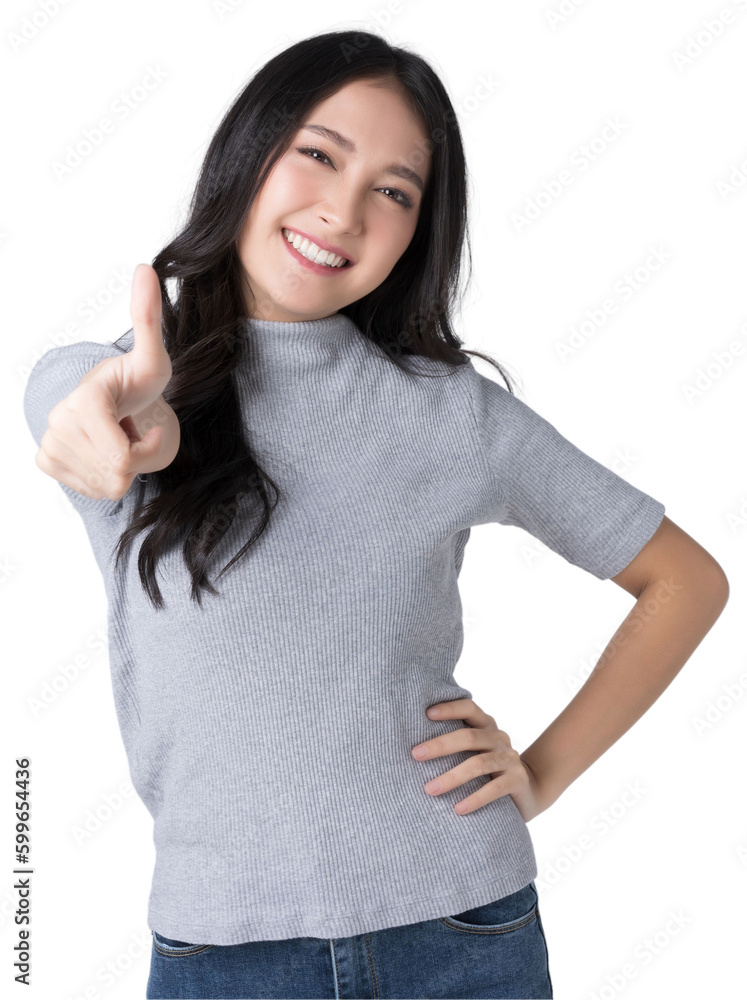 Young Asian woman showing thumbs up sign on hand Isolate die cut on transparent background