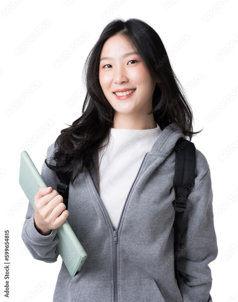 Young Asian girl college student with tablet and backpack Isolate die cut on transparent background