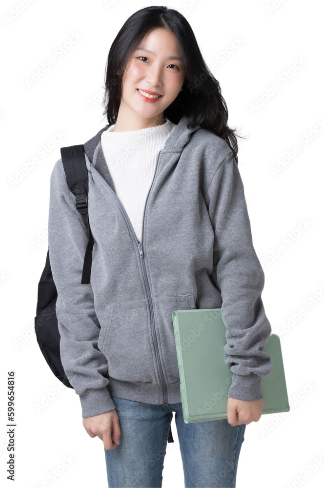 Young Asian girl college student with tablet and backpack Isolate die cut on transparent background