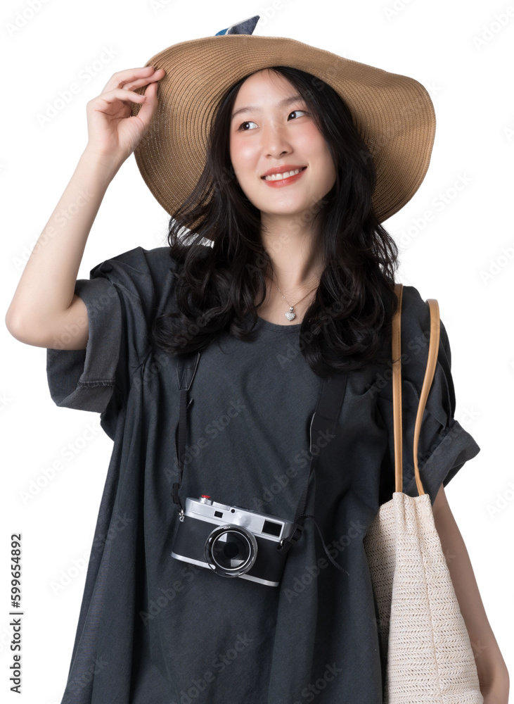 Young Asian woman Wearing a dress with a sun hat travel concept Isolate die cut on transparent backg