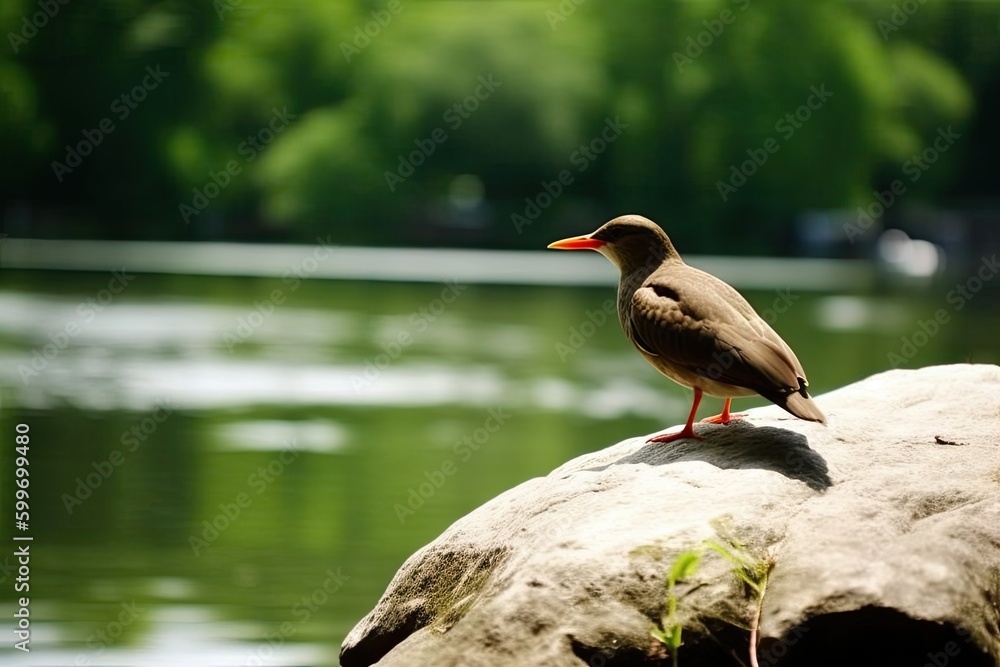 bird perched on a rocky shore beside a tranquil body of water Generative AI