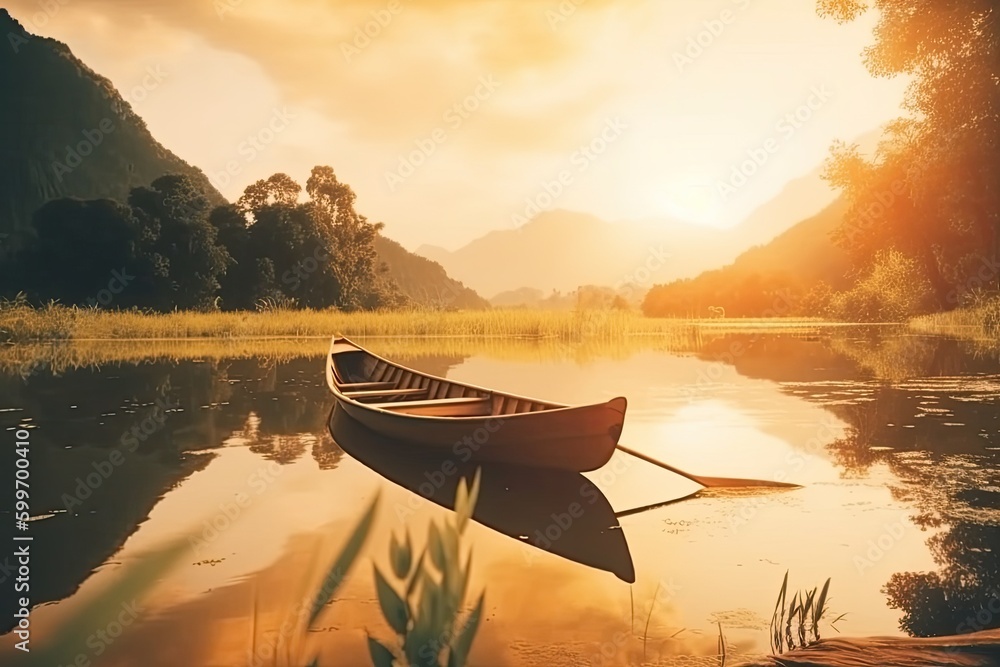 serene boat ride through a tranquil forest lake Generative AI