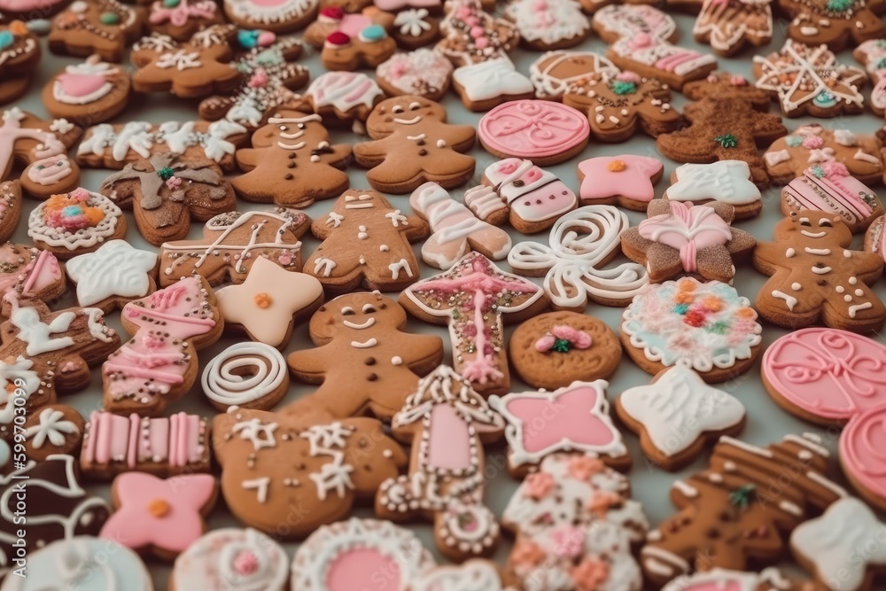 table full of assorted cookies in different shapes, colors and flavors Generative AI