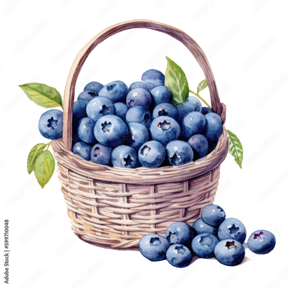 Watercolor blueberries in basket. Illustration Generative AI.