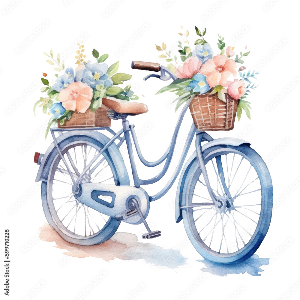 Cute watercolor bicycle with flowers. Illustration AI Generative.