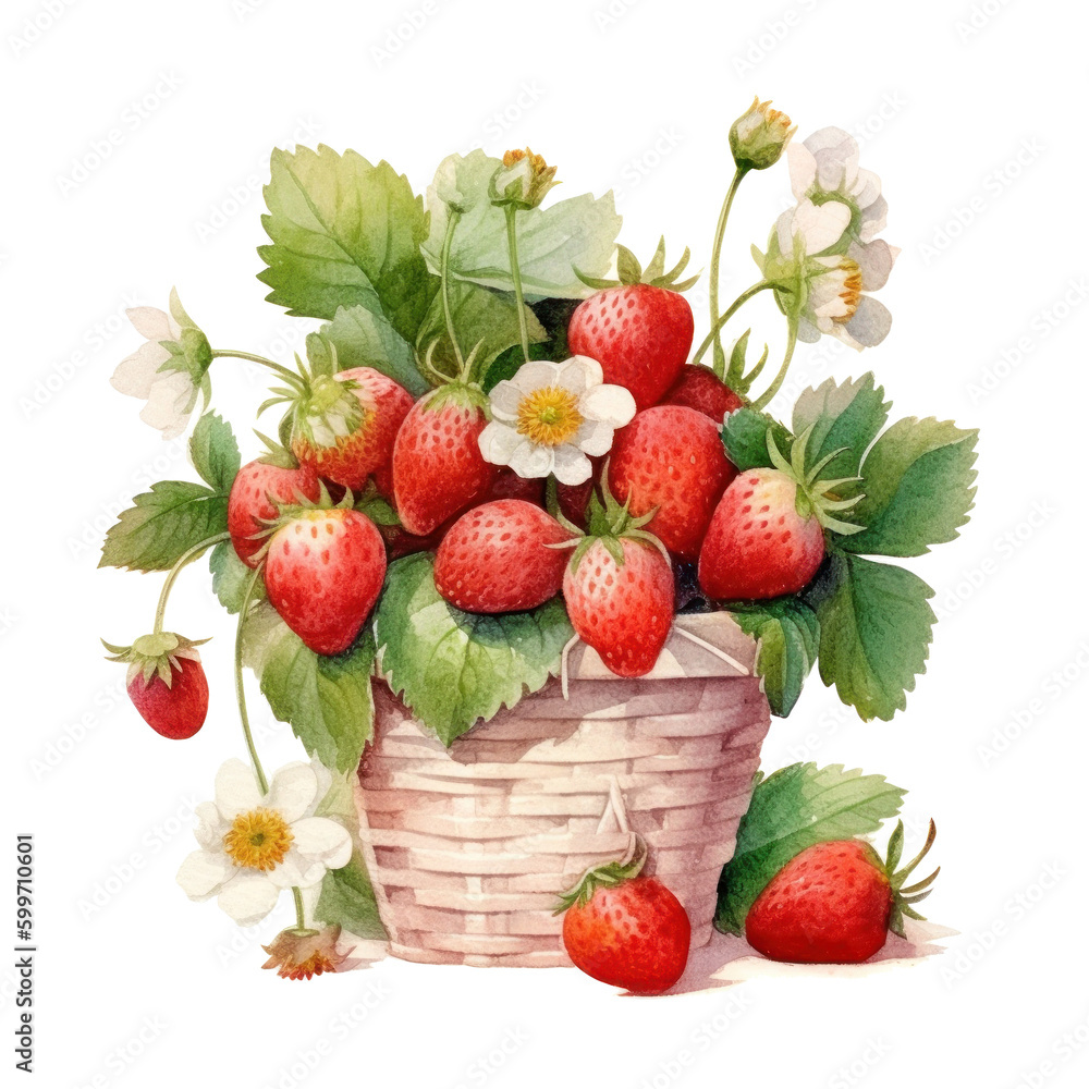 Watercolor strawberries in basket. Illustration AI Generative.