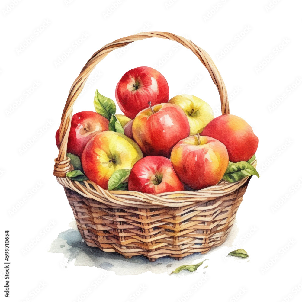 Watercolor apples in basket. Illustration AI Generative.