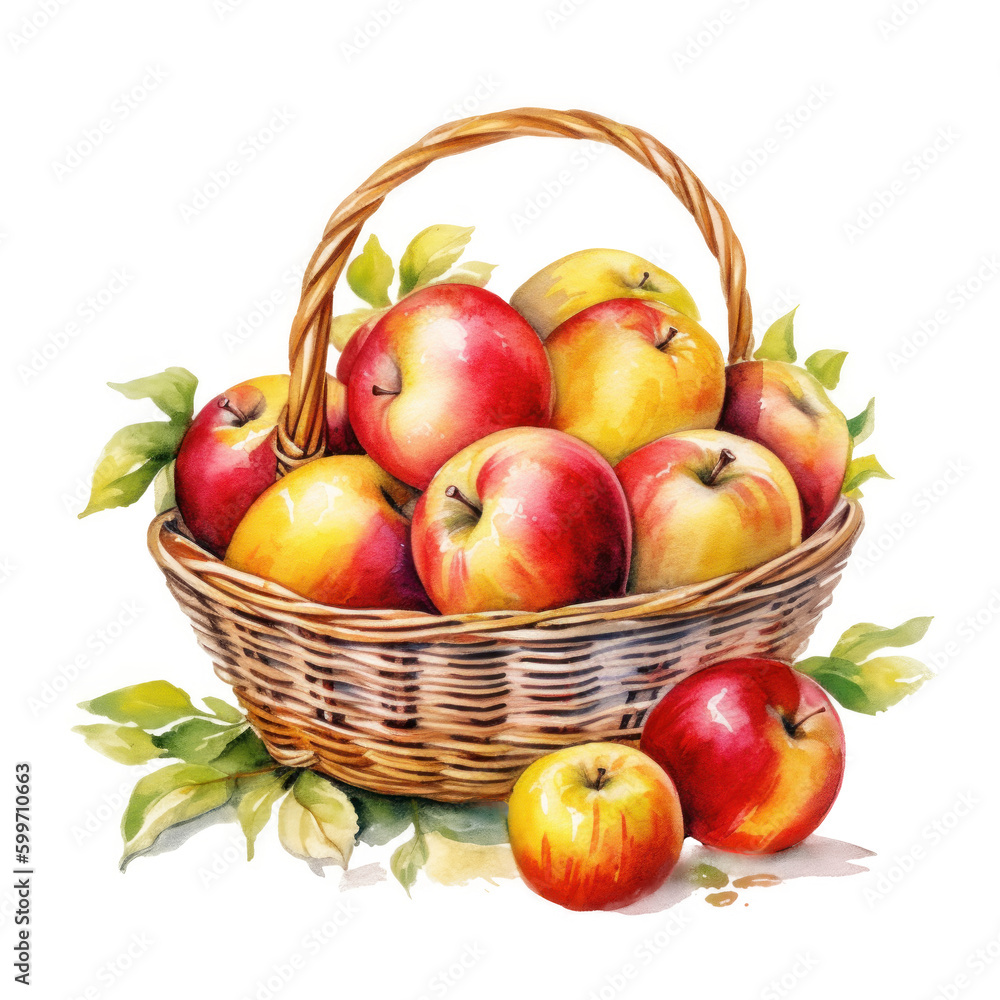 Watercolor apples in basket. Illustration AI Generative.