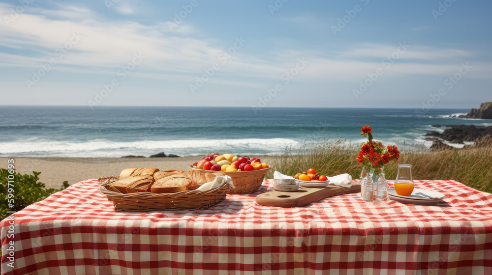 Coastal Picnic Delight. Experience the serene beach scene with an empty picnic table overlooking the