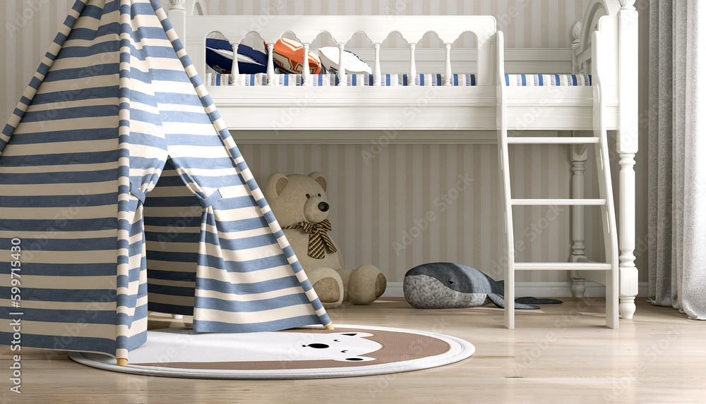 Blue white stripe kid teepee tent, round rug, bear doll, vintage style white loft bunk bed in sunlig