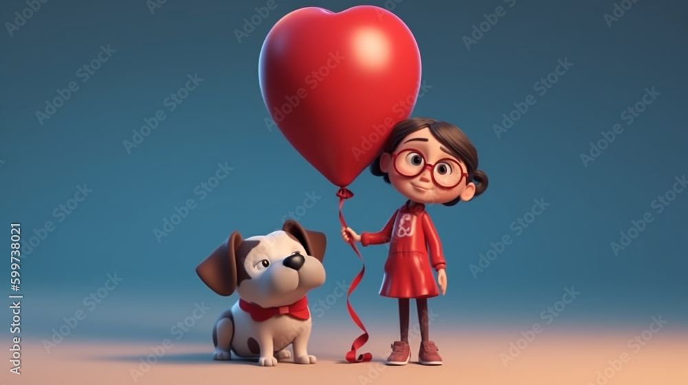 3D illustration of a cute little girl with her dog and red heart shaped ballon on flat color backgro