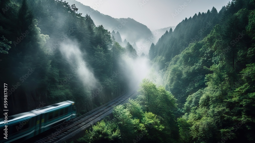 Speed passenger train moving in the mist mountains covered with forest. Generative AI