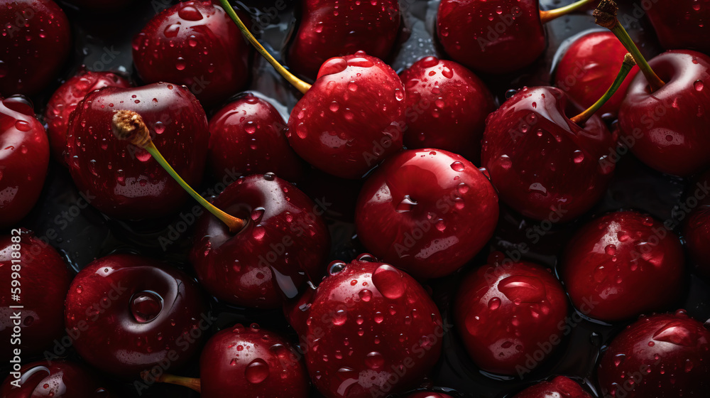 Fresh ripe cherries with water drops background. Berries backdrop. Generative AI