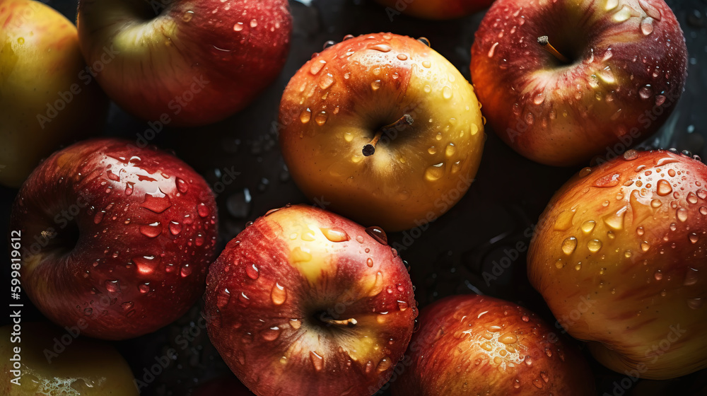 Fresh ripe apples with water drops background. Fruits backdrop. Generative AI