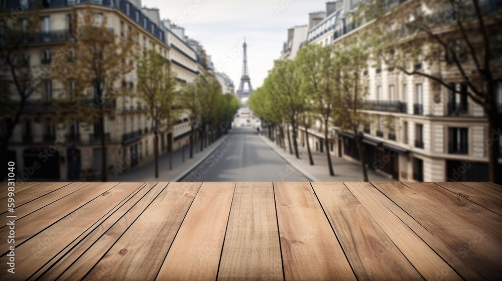 Wood table mockup with Paris city street in shallow depth of field. Copy space for product. Generati