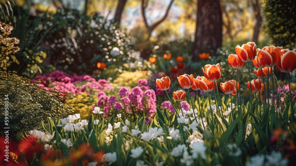 Colorful spring garden. Illustration AI Generative.