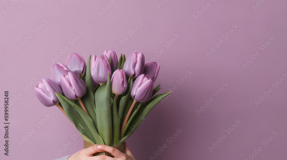 Violet tulip flowers bouquet on hands. Illustration AI Generative.