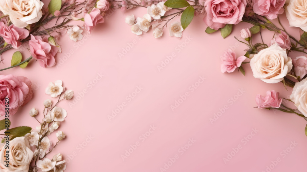 Pink floral frame background. Illustration AI Generative.