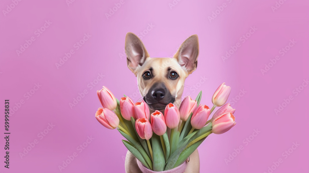 Cute funny dog with flowers. Illustration AI Generative.