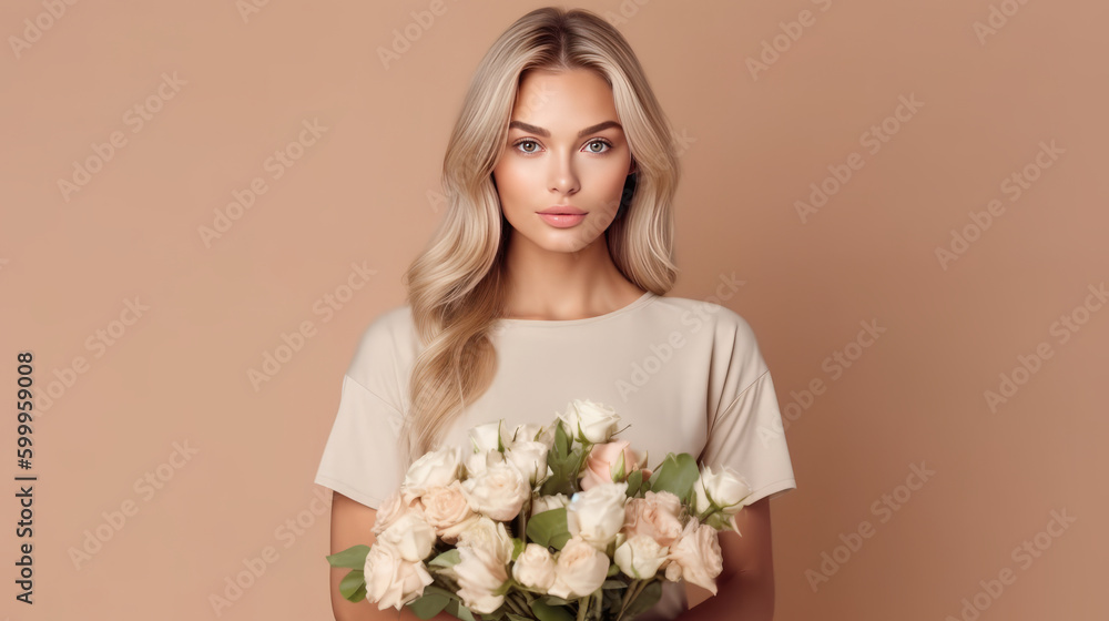 Beautiful girl with flowers. Illustration AI Generative.