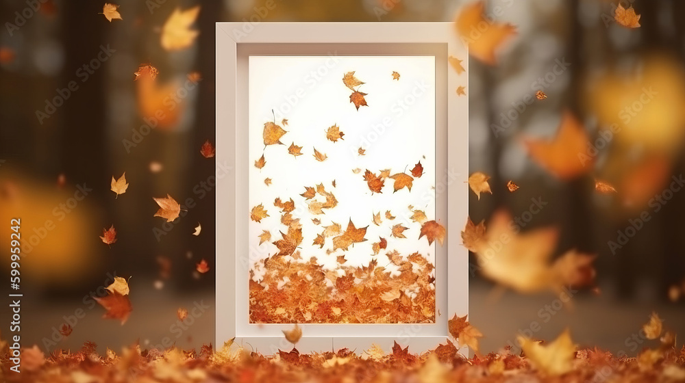 White frame with autumn leaves. Illustration AI Generative.