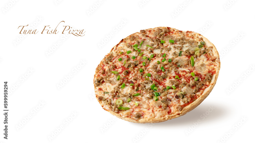 Fresh baked thin tuna fish pizza with tomato sauce, cheese and green onion flying isolated on white